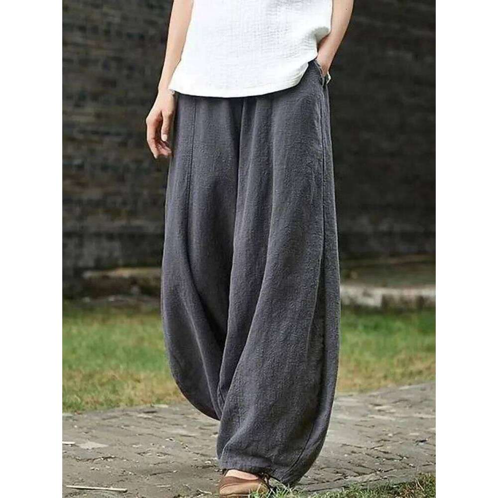 2024 Cotton Linen Bloomers Wide Leg Women Vintage Full Length Fashion Elegent Pants Solid Elasitic Waist Spring Autumn 5XL