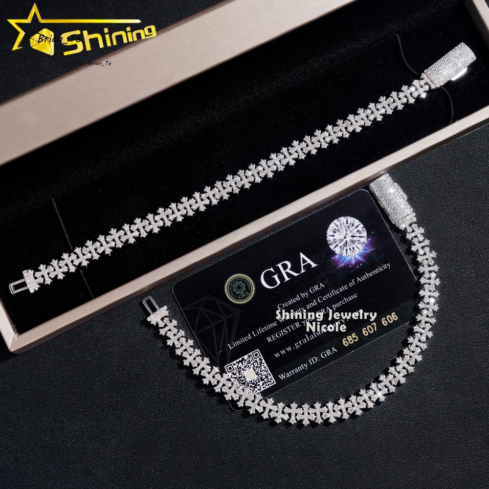 Wholesale Price 925 Sterling Silver GRA Certificate 8MM Cross Moissanite Diamond Cuban Link Chain Bracelet