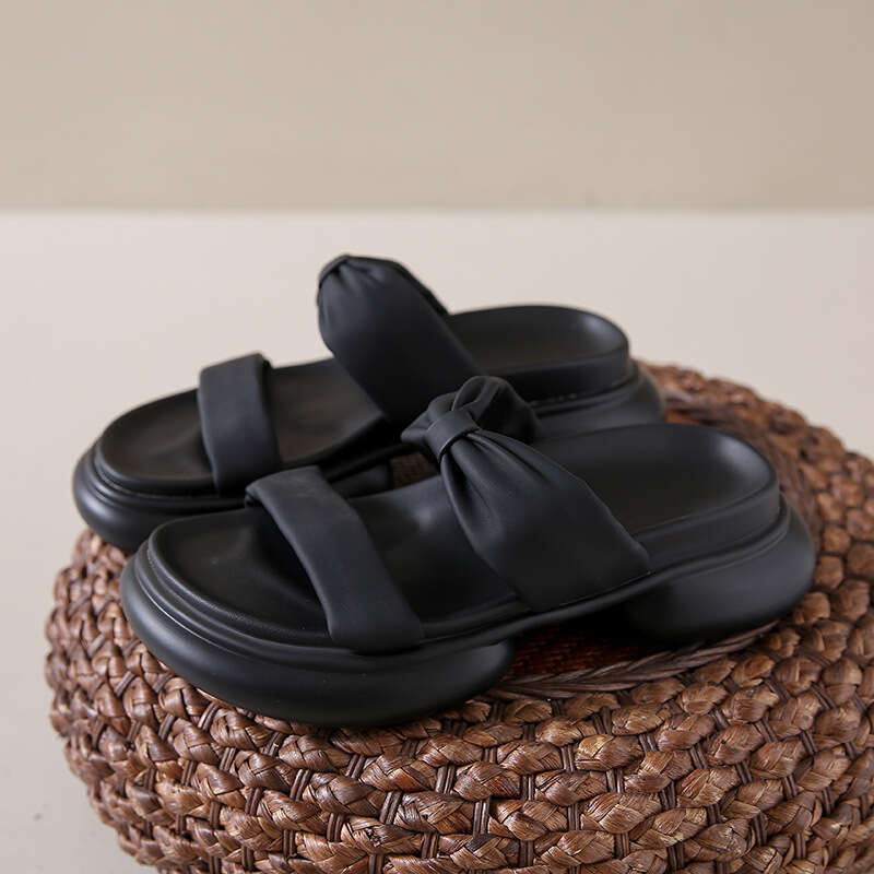 2023 Designer Bowknot Pink Open-Toe Thick-Soled Slippers for Women Fashionable Beach Sandals Summer