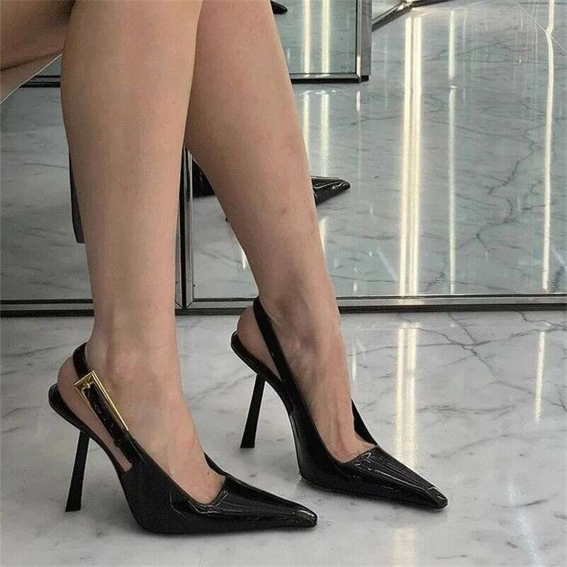 Same Style Rose Black Sandals 2025 Designer Shoes Spring Summer New Metal Buckle Pointed Toe Stiletto High Heels for Women