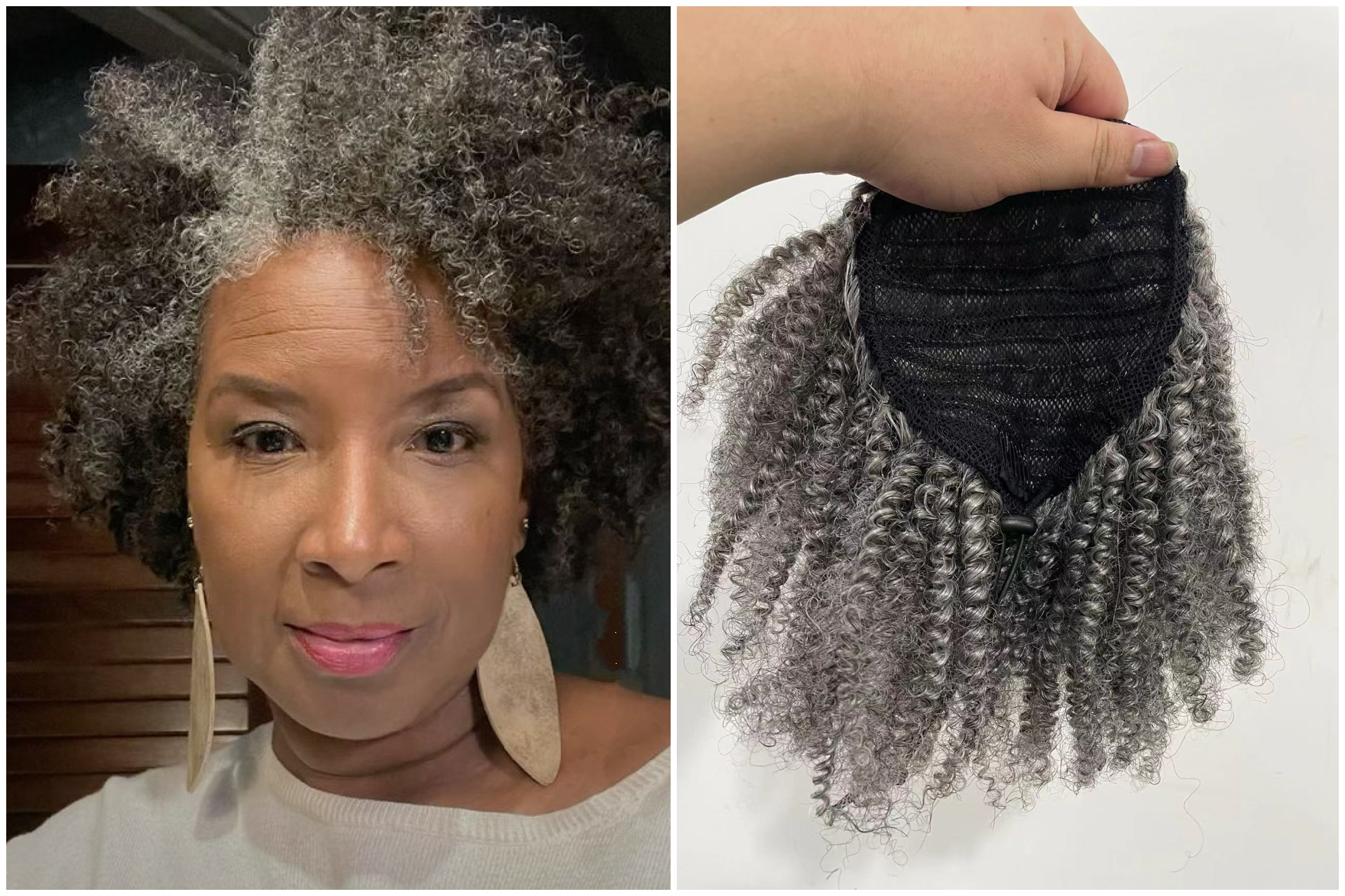 Beautiful gray hair puff ponytail extension women hairpiece salt and pepper drawstring ponytails natural hair natura silver 120g