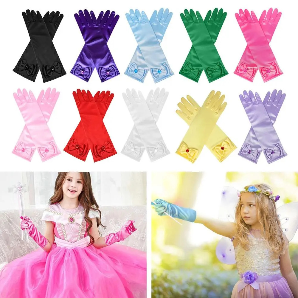 Children Long Gloves Princess Dance Performance Stage Satin Sequins Bow Glove Solid Full Finger Mittens Birthday Gifts 250811