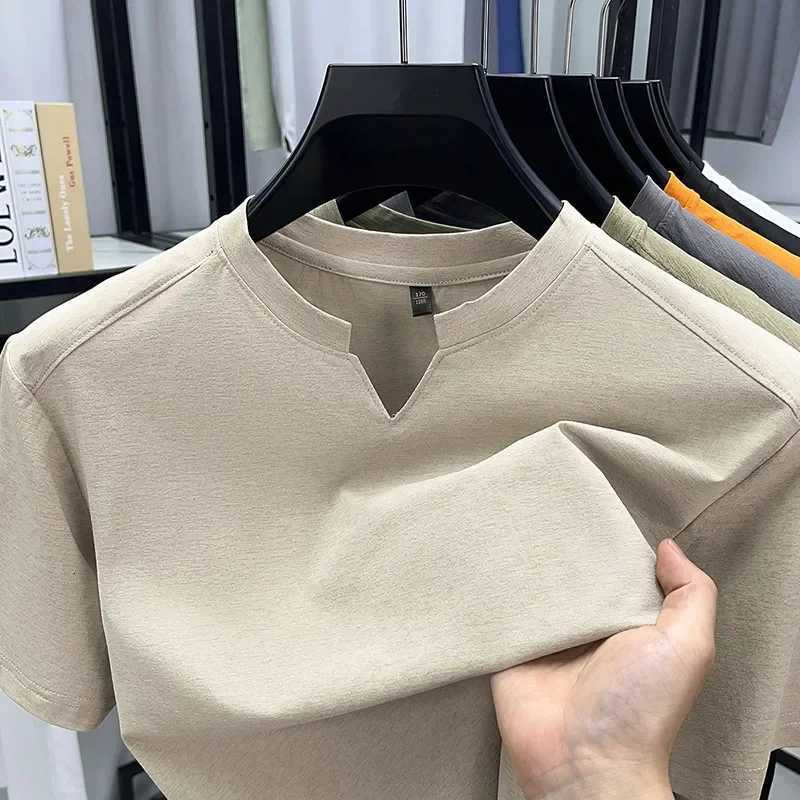 Korean Mens Casual and Fashionable Small V-neck Solid Color Short Sleeved T-shirt Comfortable Summer Versatile Top Y2508191