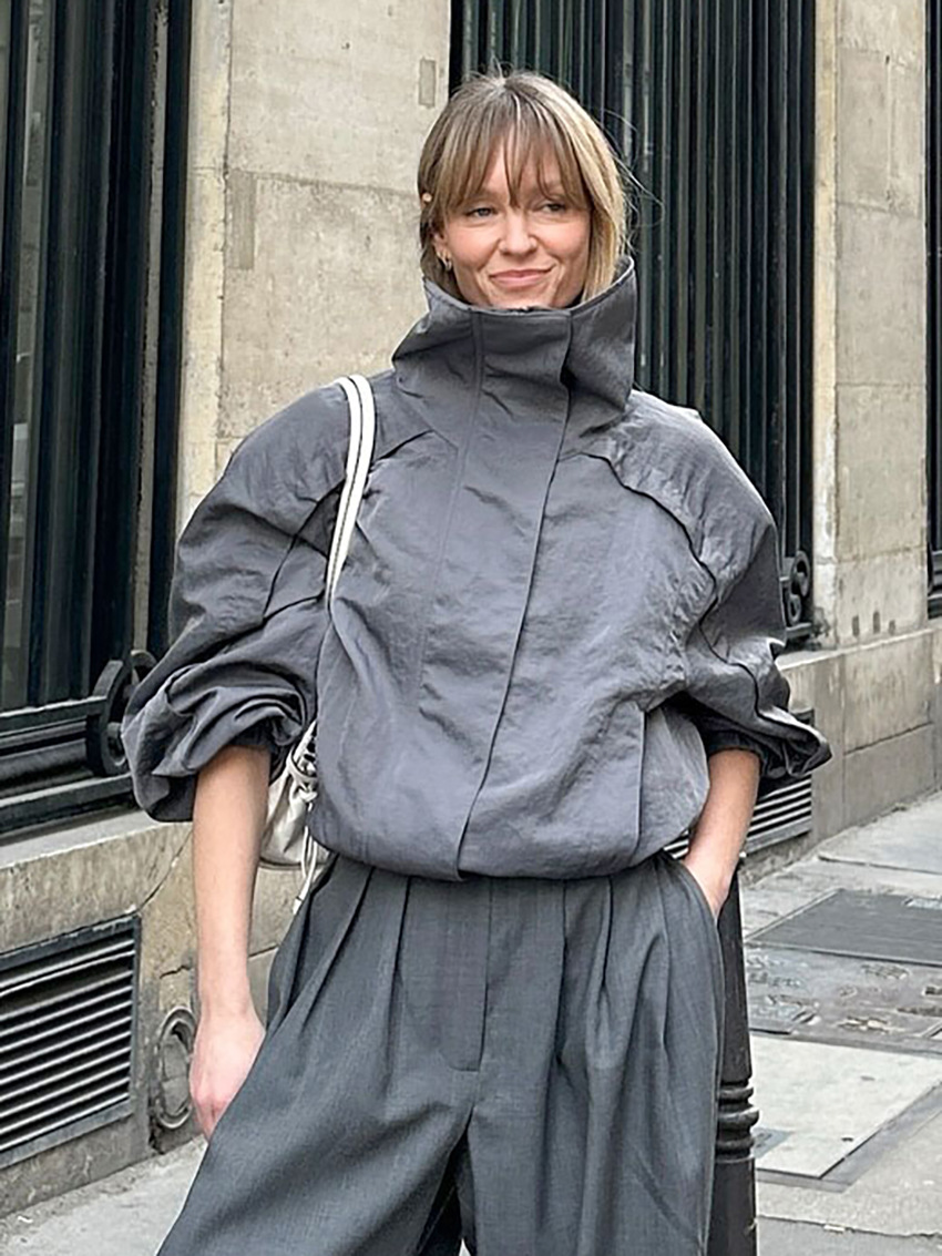 Autumn and winter new American gray high neck trench coat women's outdoor top standing collar submachine jacket 2025