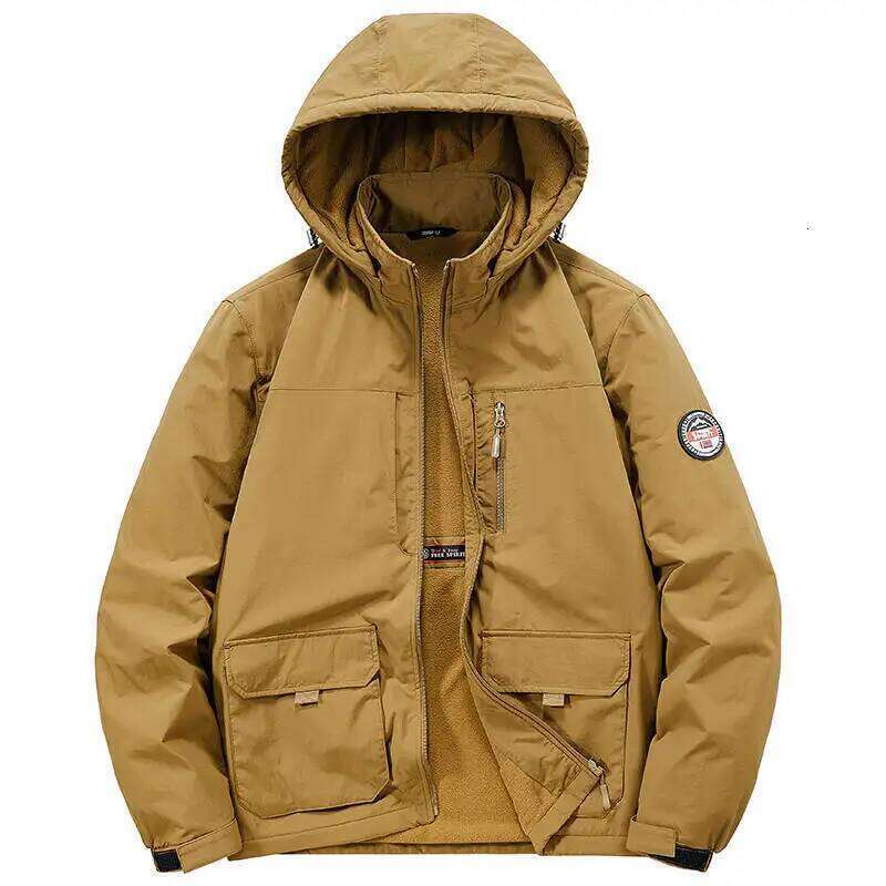 Men's Fleece-Lined Work Jacket Autumn Winter Windproof Thickened Casual Outwear Coat with Hood Outdoor Sport Cotton Parka Coats