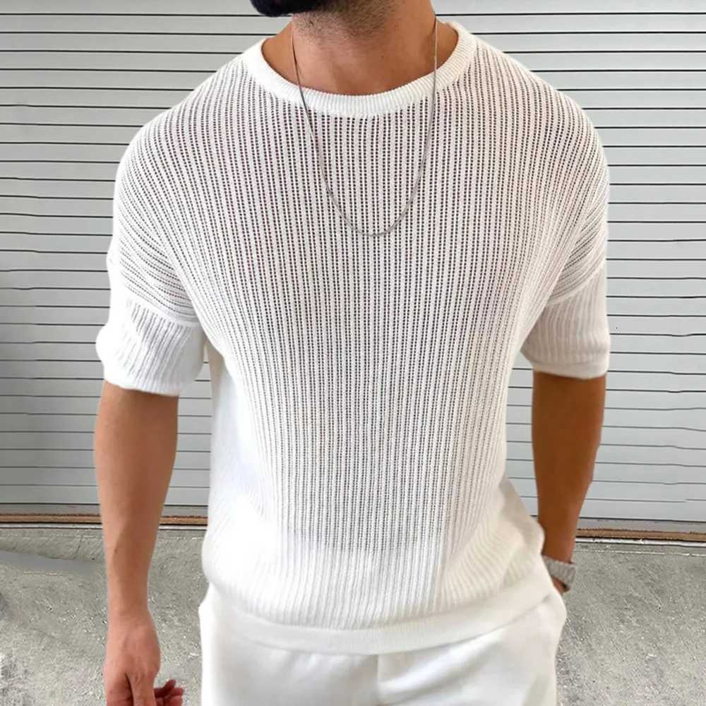 Summer New Mens Solid Color Knitted Hollow Short-Sleeved T-Shirt Retro Fashion Trend Casual Simple Daily Breathable Mens Tops Y250819