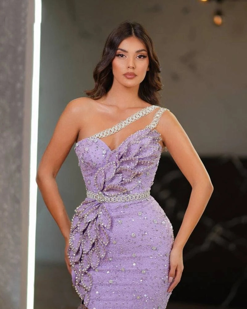 Fashion Mermaid Evening Dresses For Women One Shoulder Sleeveless Gown Appliques Sequins Split Side Floor Length Dress Party Customized Dress