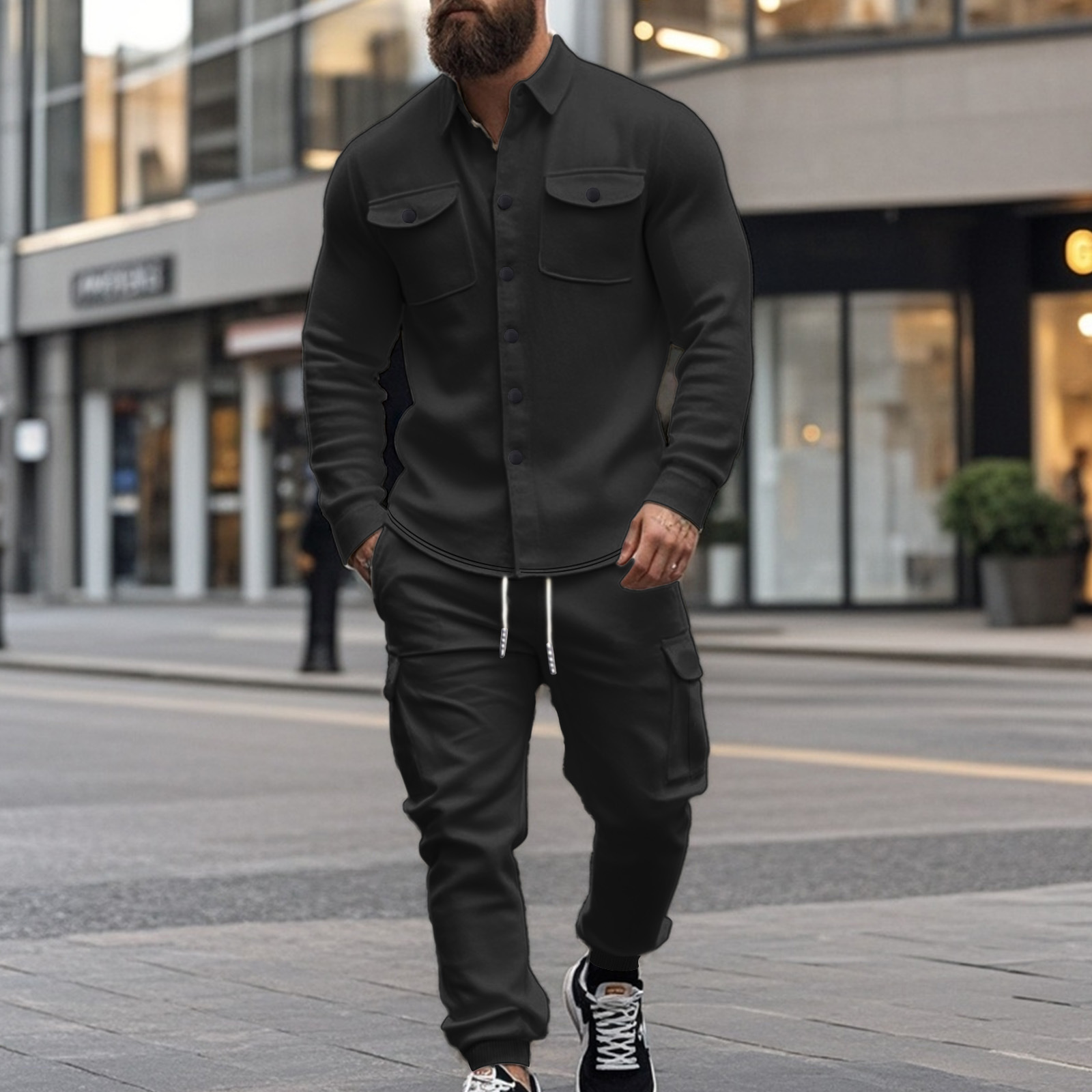 American mens fleece workwear tracksuits Cargo Pants outdoor tactical hunting suit lapel jacket set loose warm Trousers two piece set