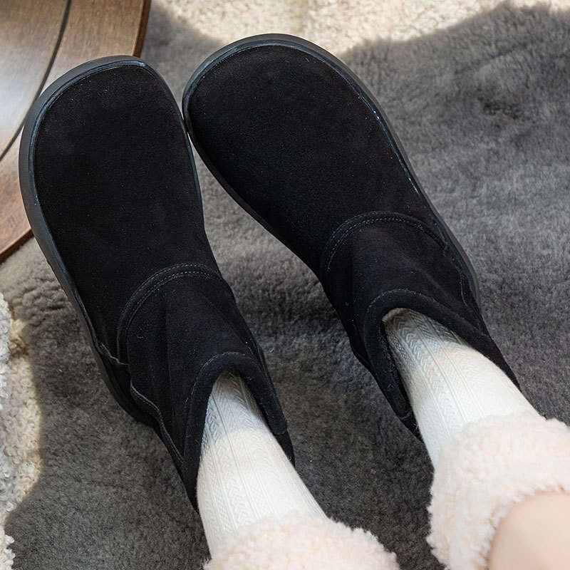 2024 Winter New Thick-Soled Snow for Women British Style Short Boots with Fleece Lining Thickened Warm Round-Toe Slip-On Cotton Shoes