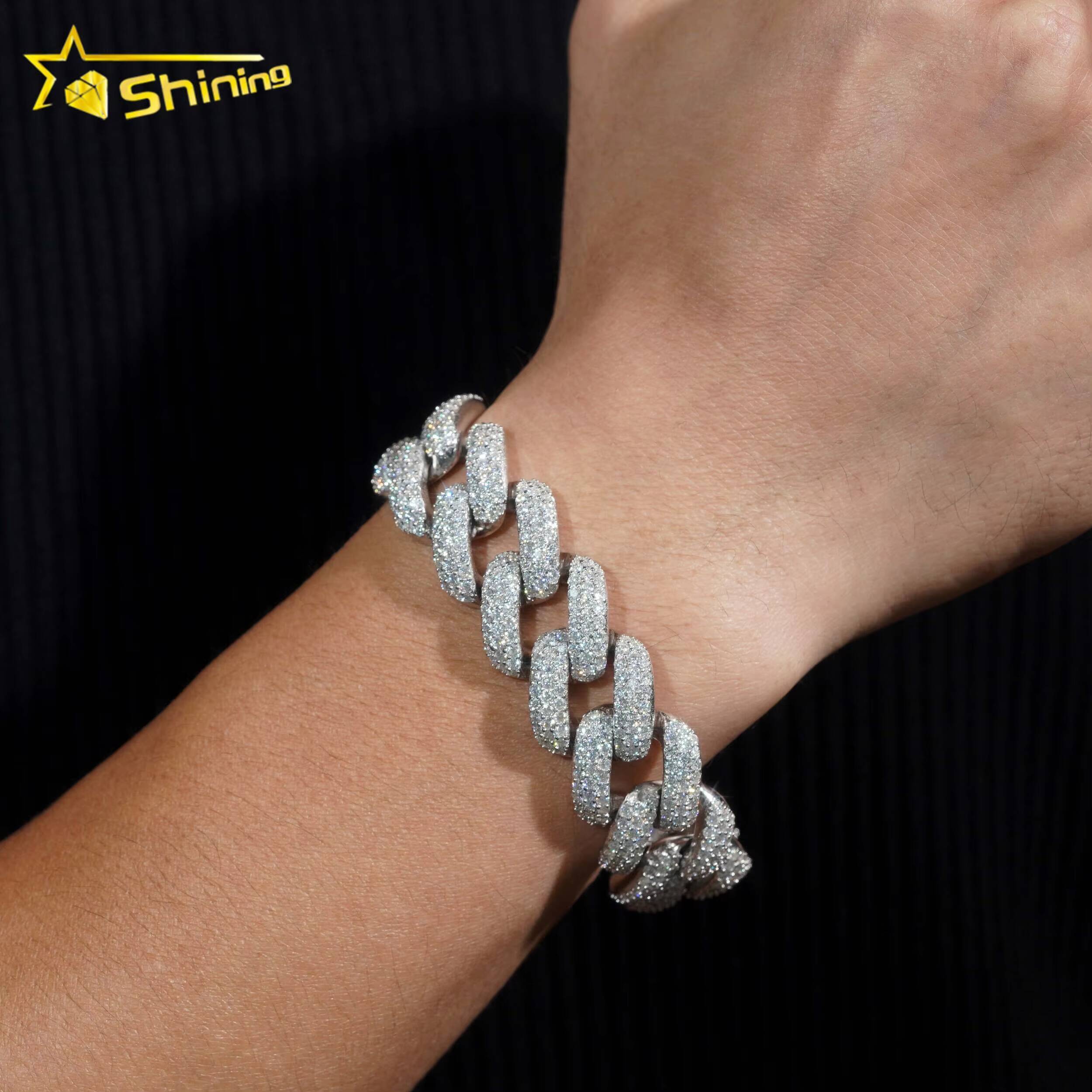 High Quality Mens Iced Out Jewelry Three Rows 20mm Silver 925 Moissanite Hip Hop Cuban Link Bracelets
