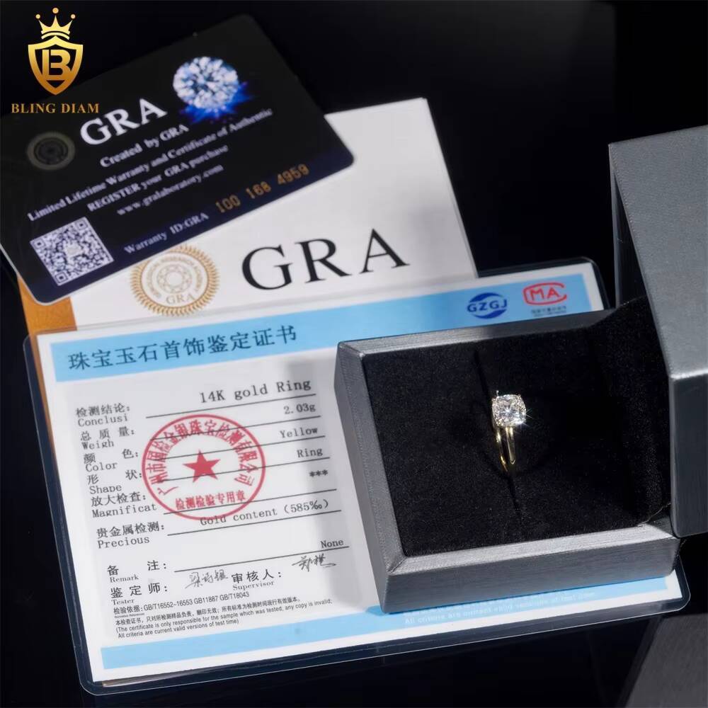 Pass Diamond Tester D Color VVS Moissanite Diamond Luxury 14K Yellow Gold Engagement Wedding Ring