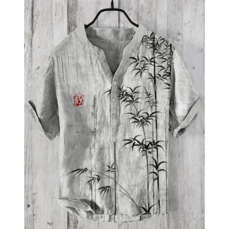 Mens Linen Blended Shirt Japanese Samurai Comfortable Casual Top Retro Printed Clothing 250808