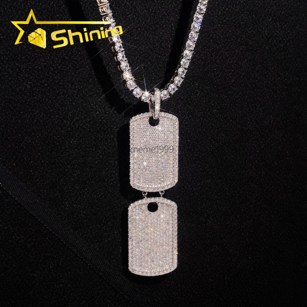 White Gold VVS Moissanite Diamond Double Dog Tag Pendant Match 4MM Tennis Chain Necklace