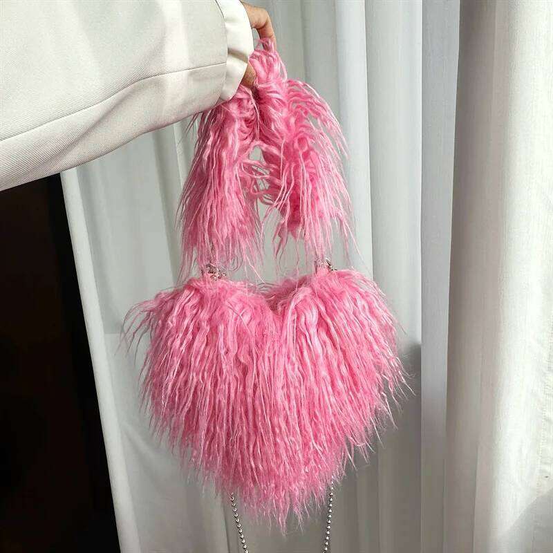 Faux Natural Fur-Ever Mongolian Furry Heart Shape Oversized Tote Bags For Women Handbags With Long Shoulder Fur Straps