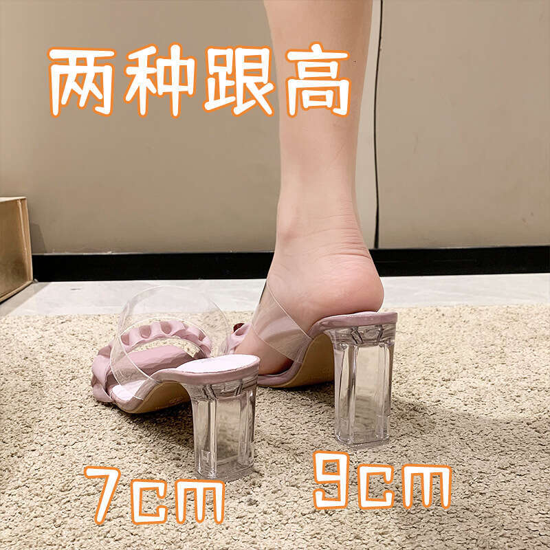 Transparent High Heels Summer Crystal Chunky Heel for Women 2023 New Fairy Style Half Slippers French Internet Celebrity Sandals