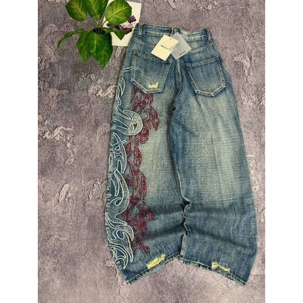 Y2K American New Pattern Embroidery Baggy Jeans Men High Street Vintage Hip Hop Fashion Casual Joker Couple Wide-leg Pants