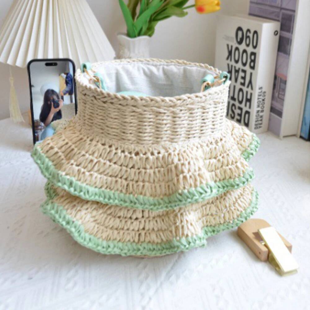 Summer Ruched Bucket Bohemian Shoulder for Women Travel Beach Bag Handbagsand Purses Paper Rope Woven Bags Clutch high-quality