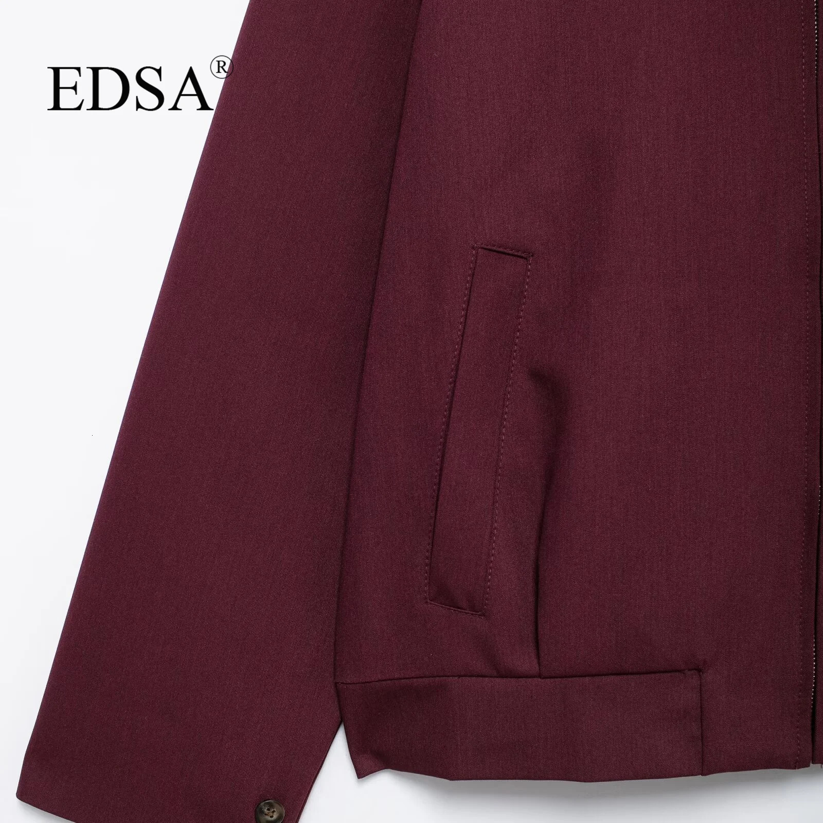 EDSA Women Vintage Loose Zipper Jacket Lapel Burgundy Color 2024 Autumn Fashion Versatile Street Outwear 250815