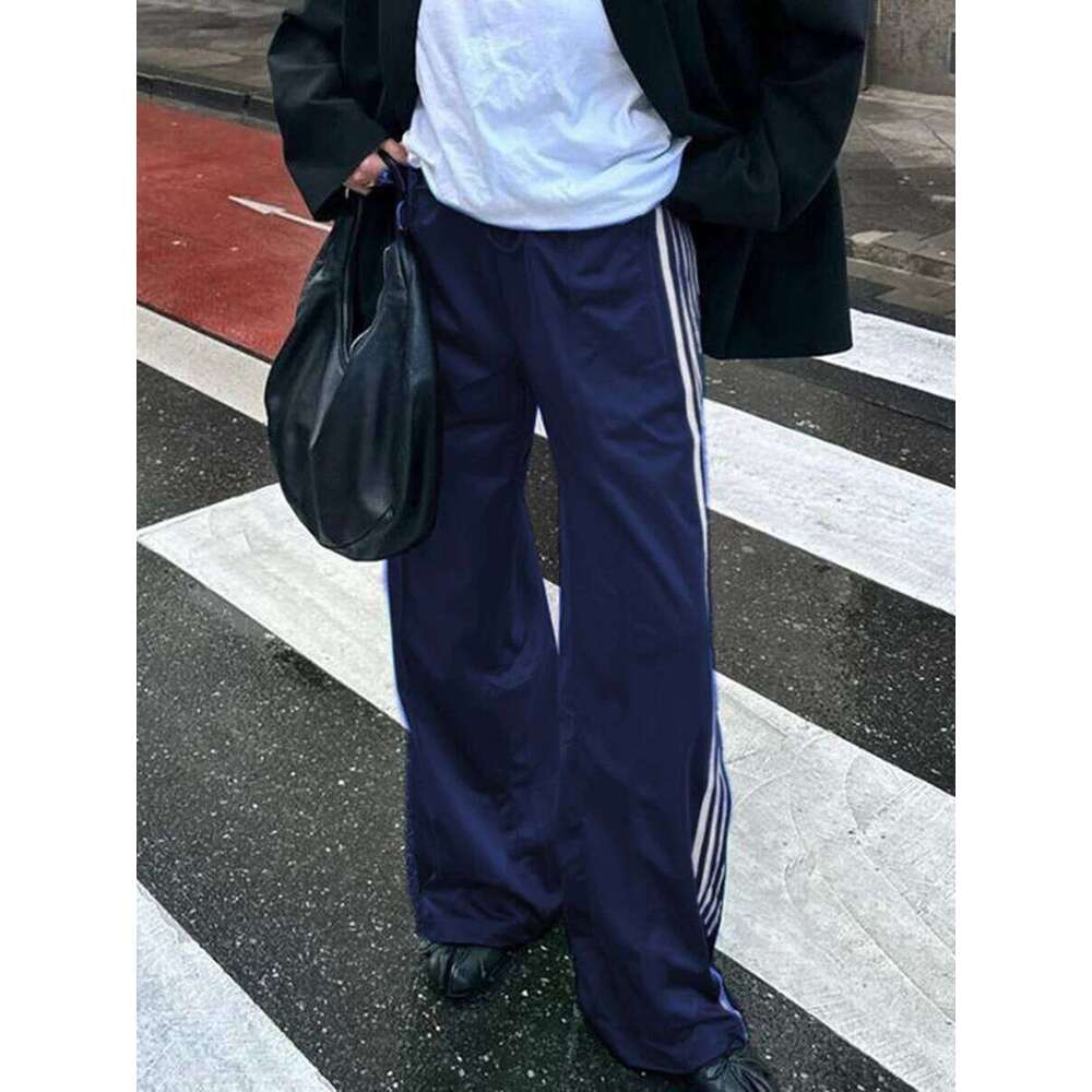 Women Y2k Wide Leg Track Baggy Side Striped Joggers Sweatpants Elastic Waist Color Block Parachute Pants with Pockets