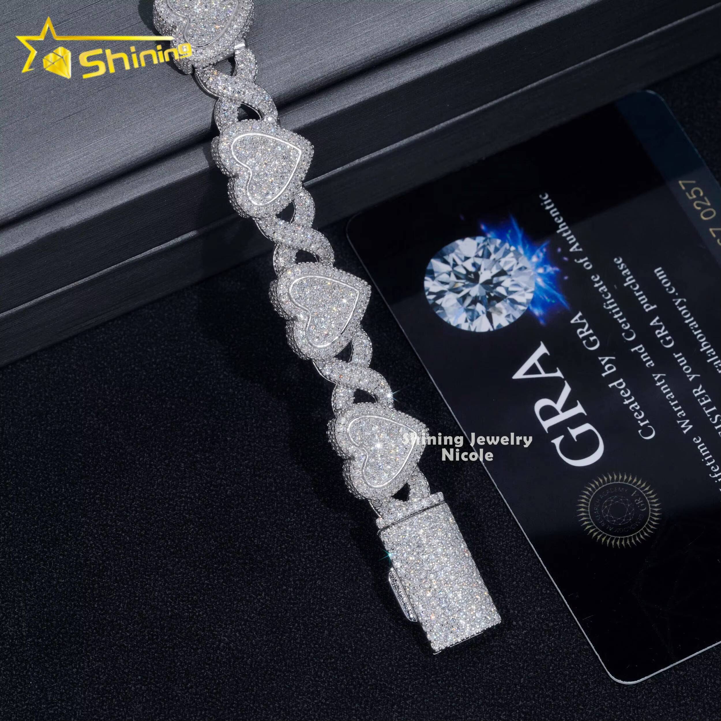 GRA Certificate Men Women Iced Out Hip Hop 925 Silver Heart Moissanite Infinity Cuban Link Bracelet