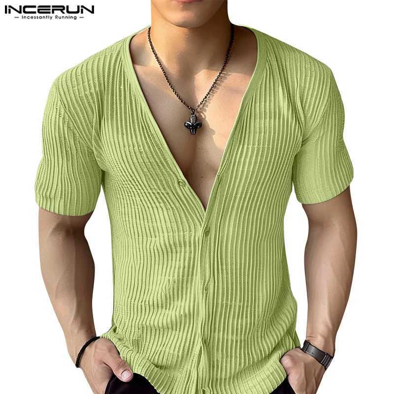 Tops 2024 American Style Fashion New Men Deep V-neck Textured Striped Shirts Casual Streetwear Male Short SLeeved Blouse Y250819