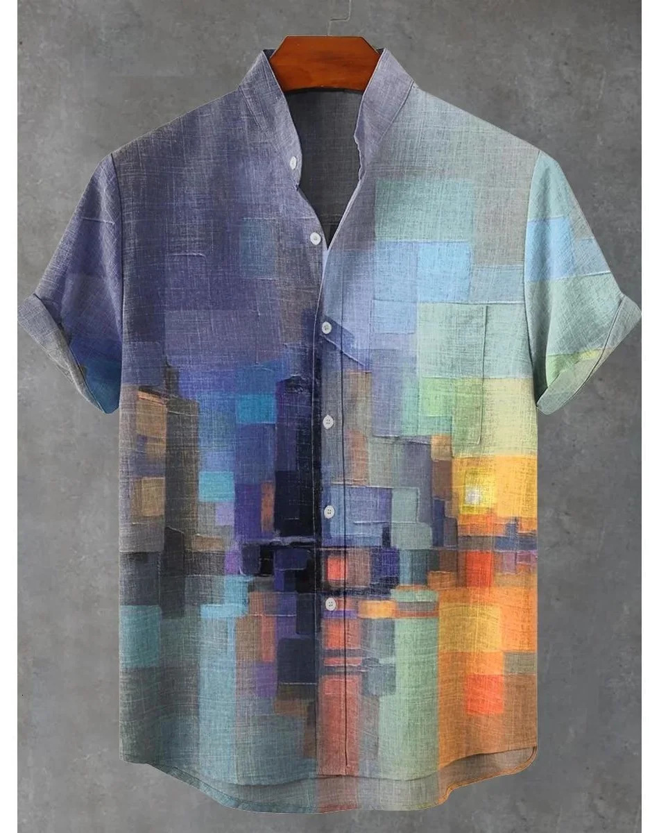 mens fishpattern shortsleeved shirt Summer vintage linen Mens casual resort streetwear Hawaiian 250808