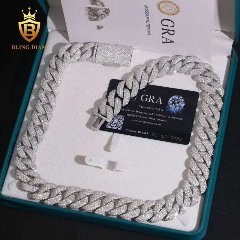 Fashion Luxury Sterling Silver 925 Hip Hop Fine Jewelry Rapper Iced Out VVS Moissanite Diamond Miami Cuban Link Chain Necklace
