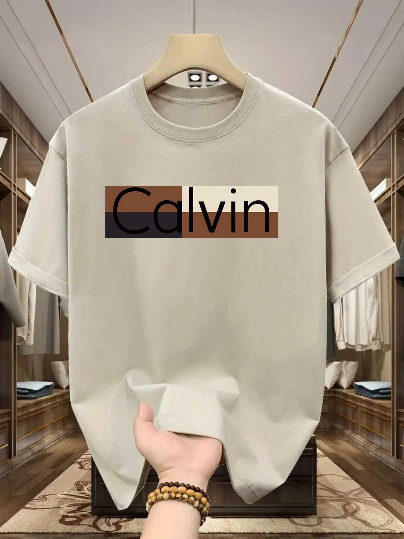 Mens summer 100% pure cotton fashionable casual sports loose Calvin pattern printed round neck short sleeved T-shirt top Y250819