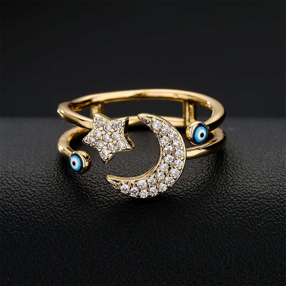 Fashion Designer Star and Moon Design Geometric Open Ring Oil Drop Demon Eye Jewelry