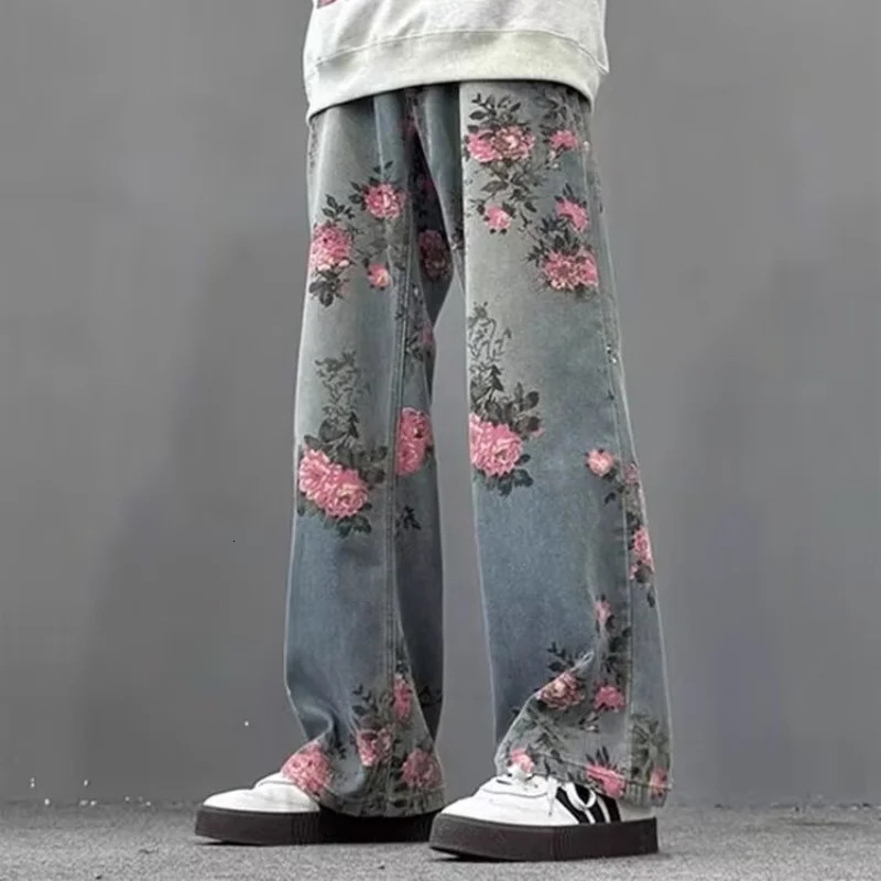 DM Strt hiphop men and women straight leg personzed rose blossom jeans American couple loose retro casual pants y2k Z260313
