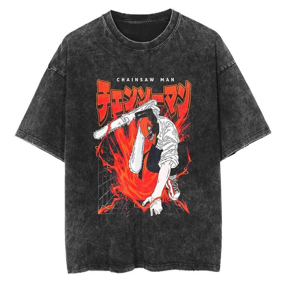Unisex Oversized T-Shirt 2025 Chainsaw Man Japanese Manga Short-Sleeved Tees Retro Washed Cotton Heavy Summer Tops for Men Women Y250819