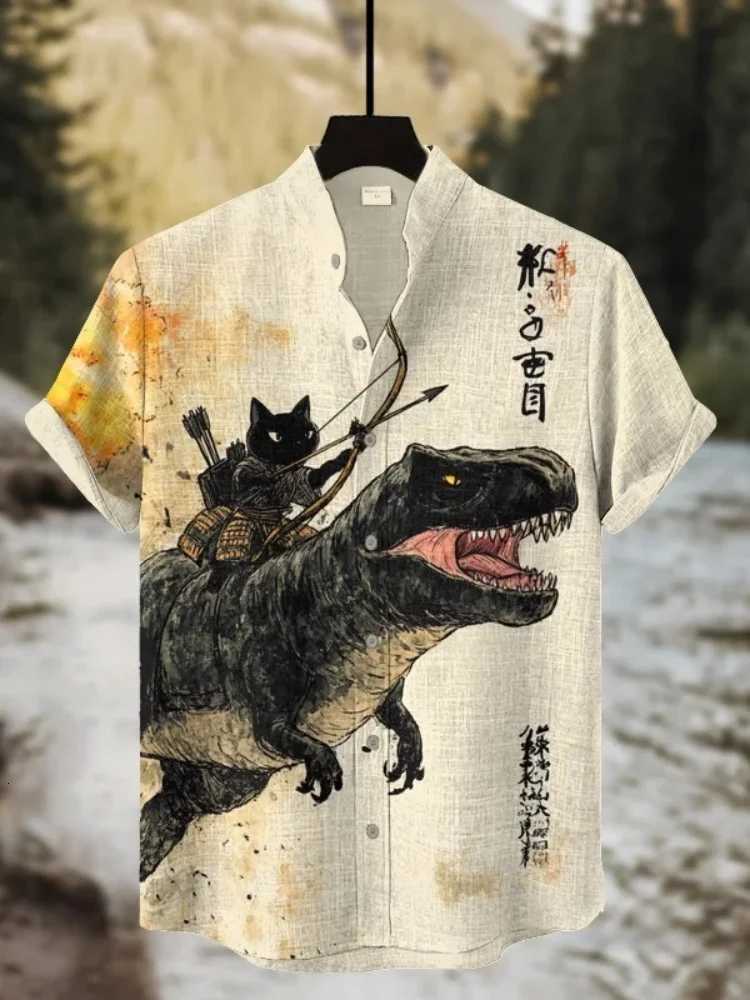 Mens Black Cat Riding A Dinosaur Shirt Shooting Arrows Away From Explosion Calligraphy Art Print Casual Japanese Retro Clothes Y250819