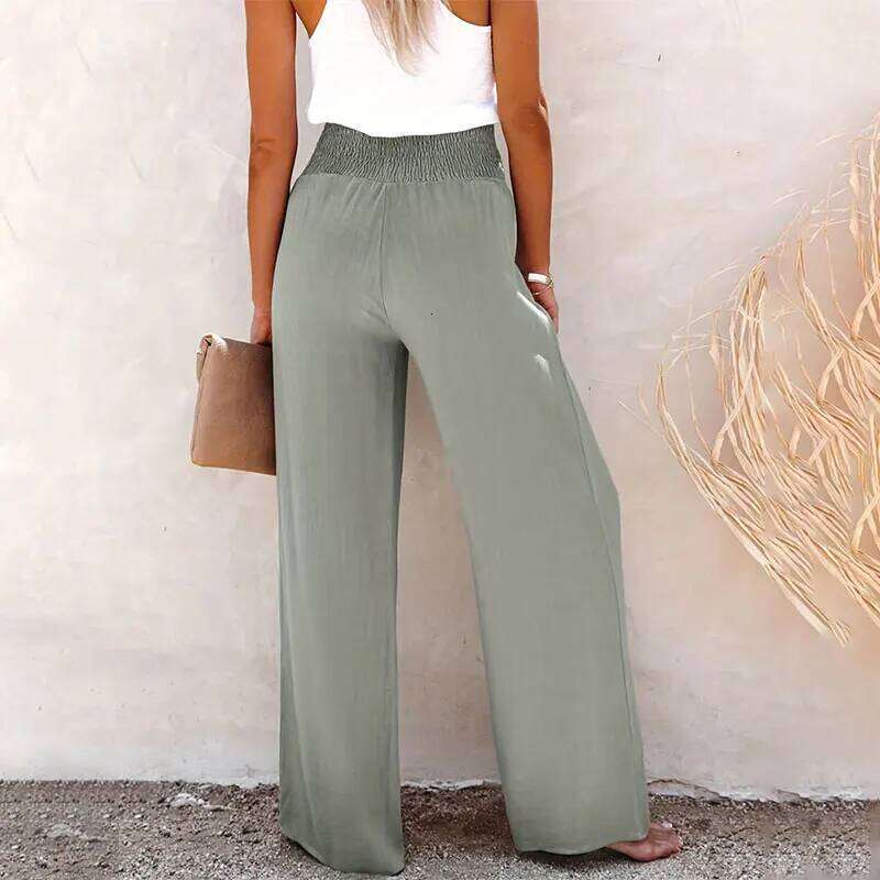 2024 Summer Cotton Linen Wide Leg for Women Full Length Casual Pants Female Solid Loose High Waist Straight Trousers