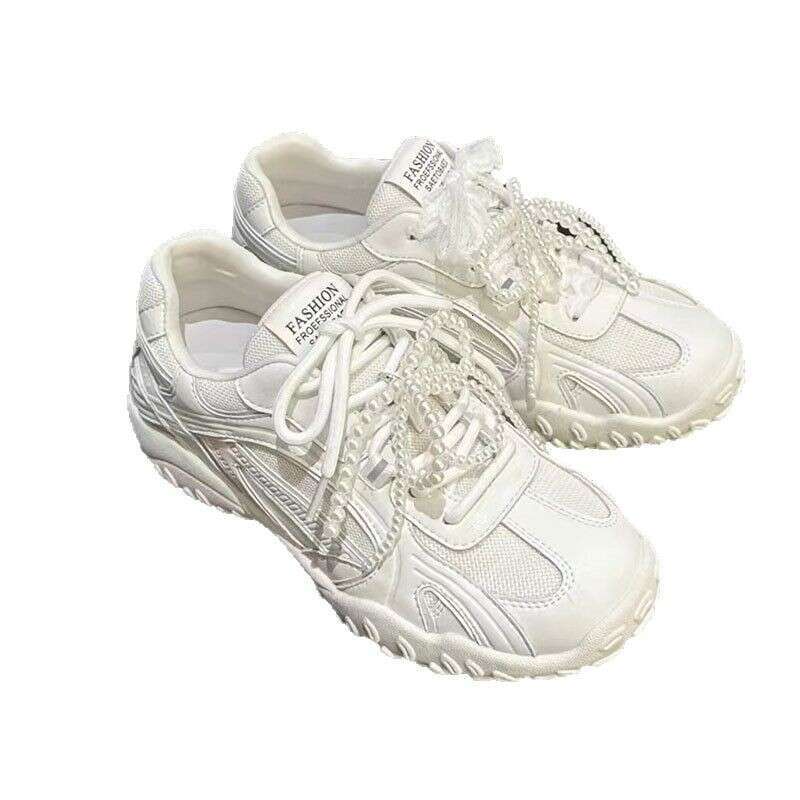 Grape Mom Same Style Age-Reducing Fashion Pearl Bow Round Toe Front Lace-Up Versatile Casual Forrest Gump Training Shoes for Women Spring