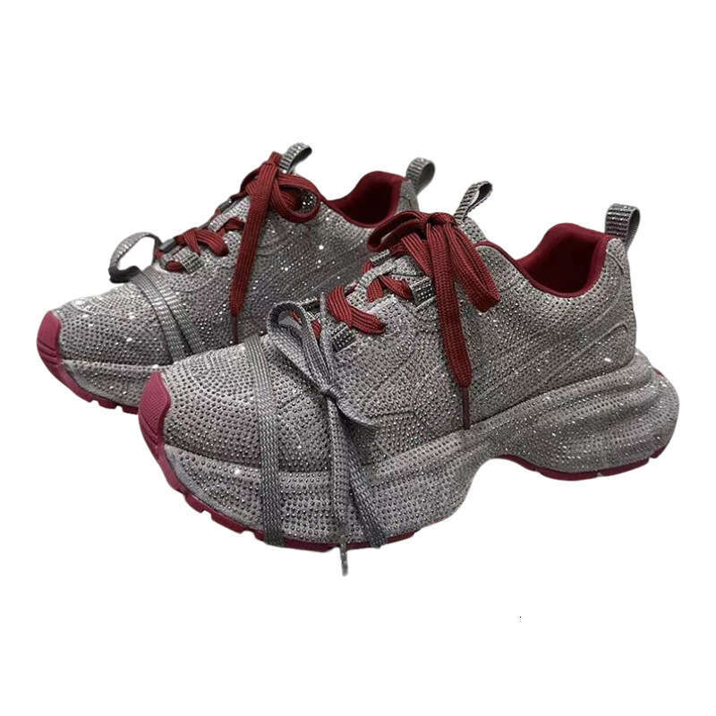 Women's Dad Sneakers Ins Super Popular Full Diamond Lace-up Casual Angora Red Niche Design Stylish Rhinestone Single Shoes