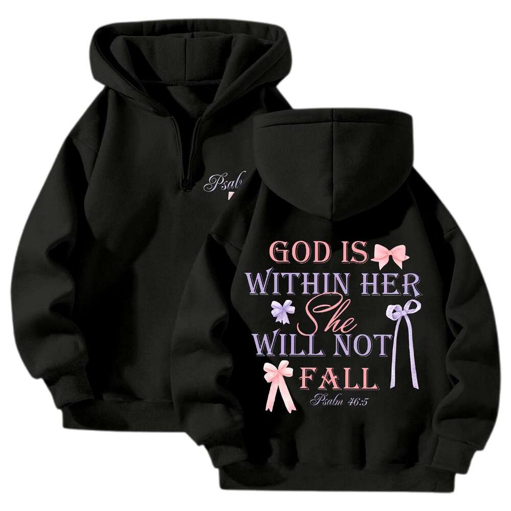 Black Women's Letter Fashion Double-Sided Print Quarter Zip Fleece Sweatshirt