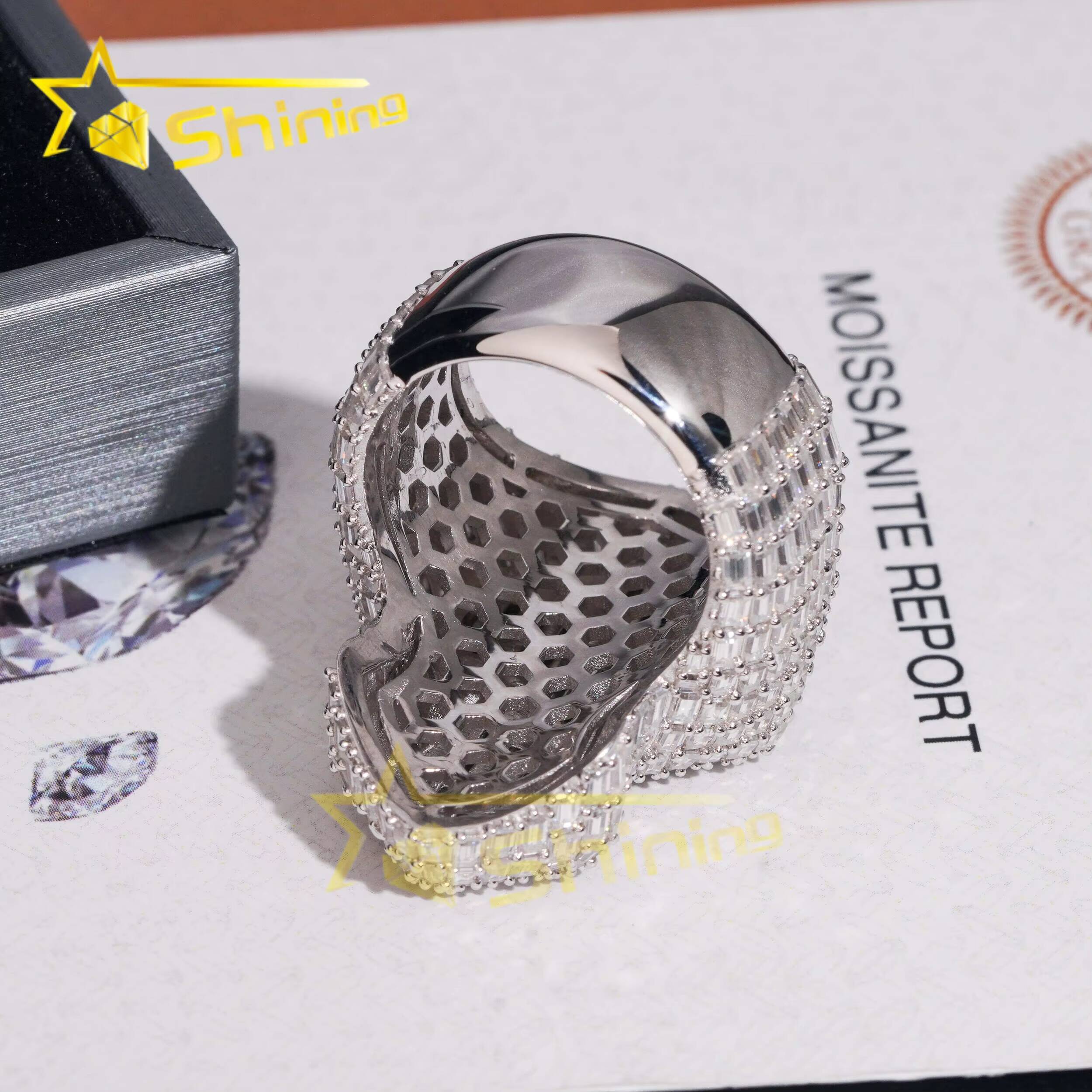 Luxury Emerald Cut Moissanite Iced Out Mens Ring 925 Silver Gold Plated Hip Hop Cross Men Ring