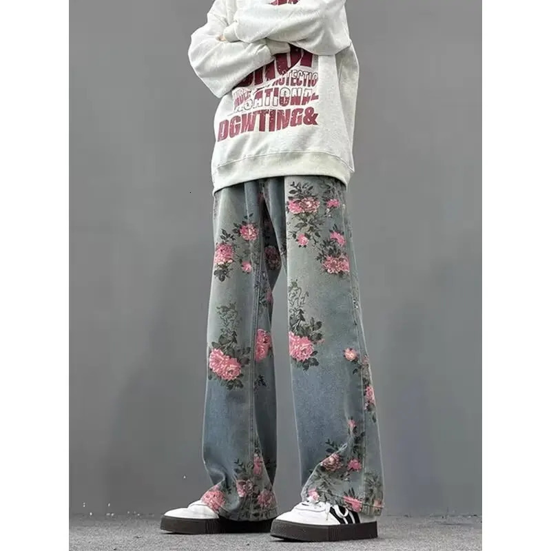 DM Strt hiphop men and women straight leg personzed rose blossom jeans American couple loose retro casual pants y2k Z260313