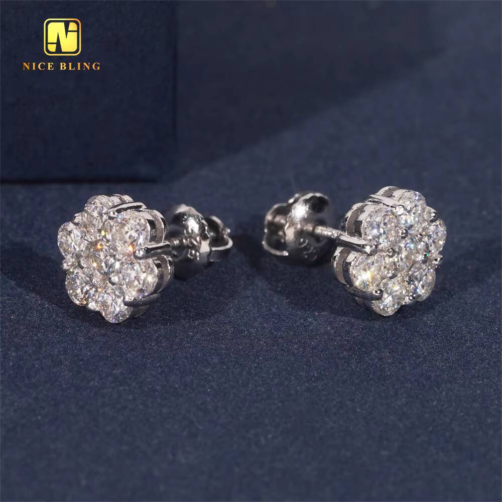 9mm Fashion Cluster Screw Back Flower Ear Studs Iced Out Hip Hop Jewelry 925 Silver VVS Moissanite Stud Earring for Women