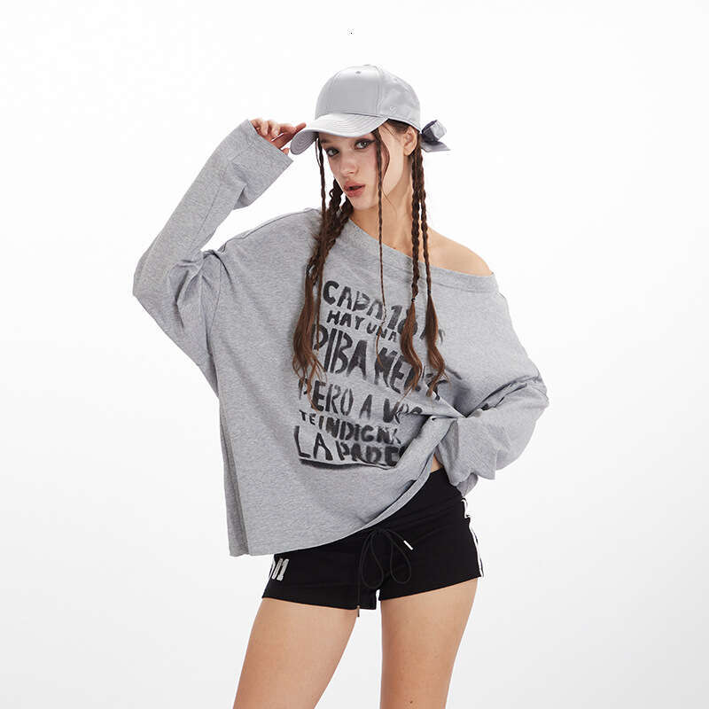 Heyhenry Hot Girl Style Asymmetrical Neck Design Letter Print Long Sleeve Top Women Loose Versatile T-Shirt B5