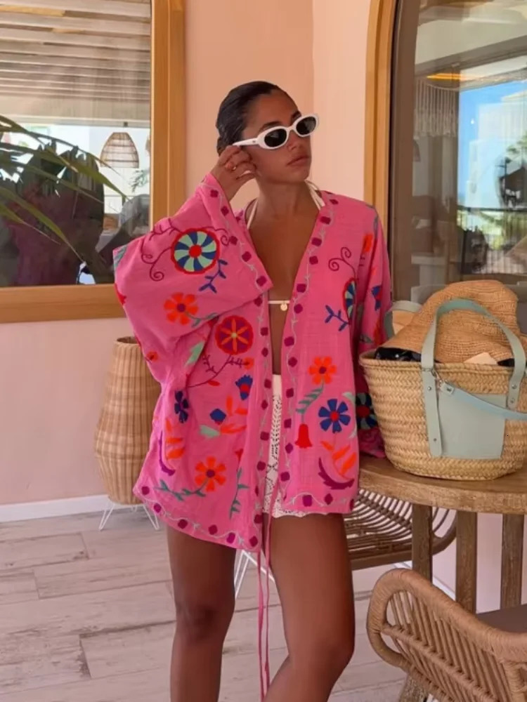 Pink Embroidery Cotton Linen Short Coat Woman Casual Lace Up Long Sleeves V Neck Jacket Autumn Lady Street Printed Outerwear 250815