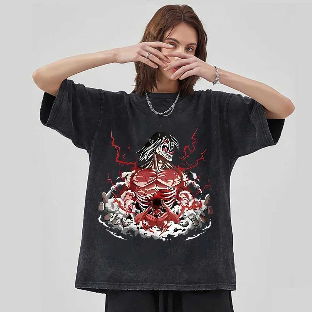 Anime Attack on Titan T-Shirt Hip Hop Oversized Streetwear Vintage Printed Washed Short Sleeve T Shirt Summer Cotton Male Tops Y250819