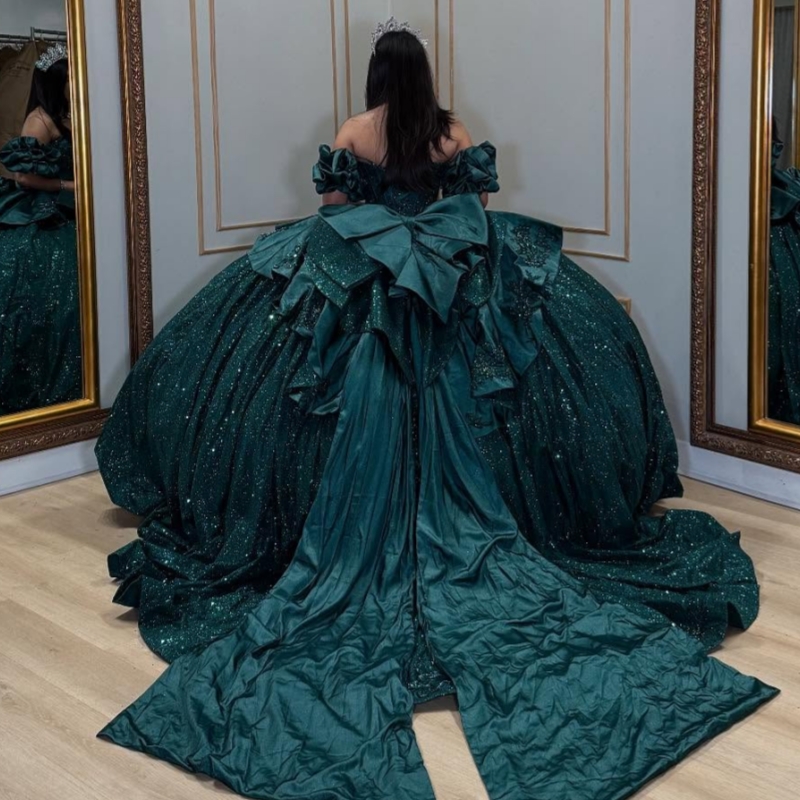 Dark Green Shiny Princess Sweet 16 Dress Quinceanera Dresses Applique Lace Beads Bow Tull Party Birthday Vestidos 15 De Anos