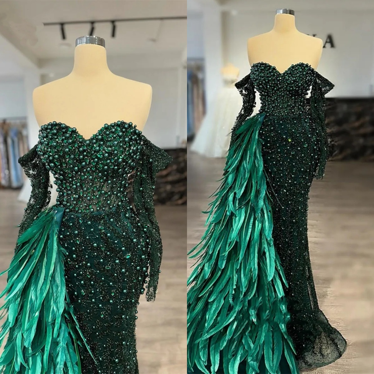 Luxury Feather Evening Dresses Pearls Sequins Prom Gowns Rhinestone Off Shoulder Princess Sweep Train Customized Vestidos De Noche Plus Size