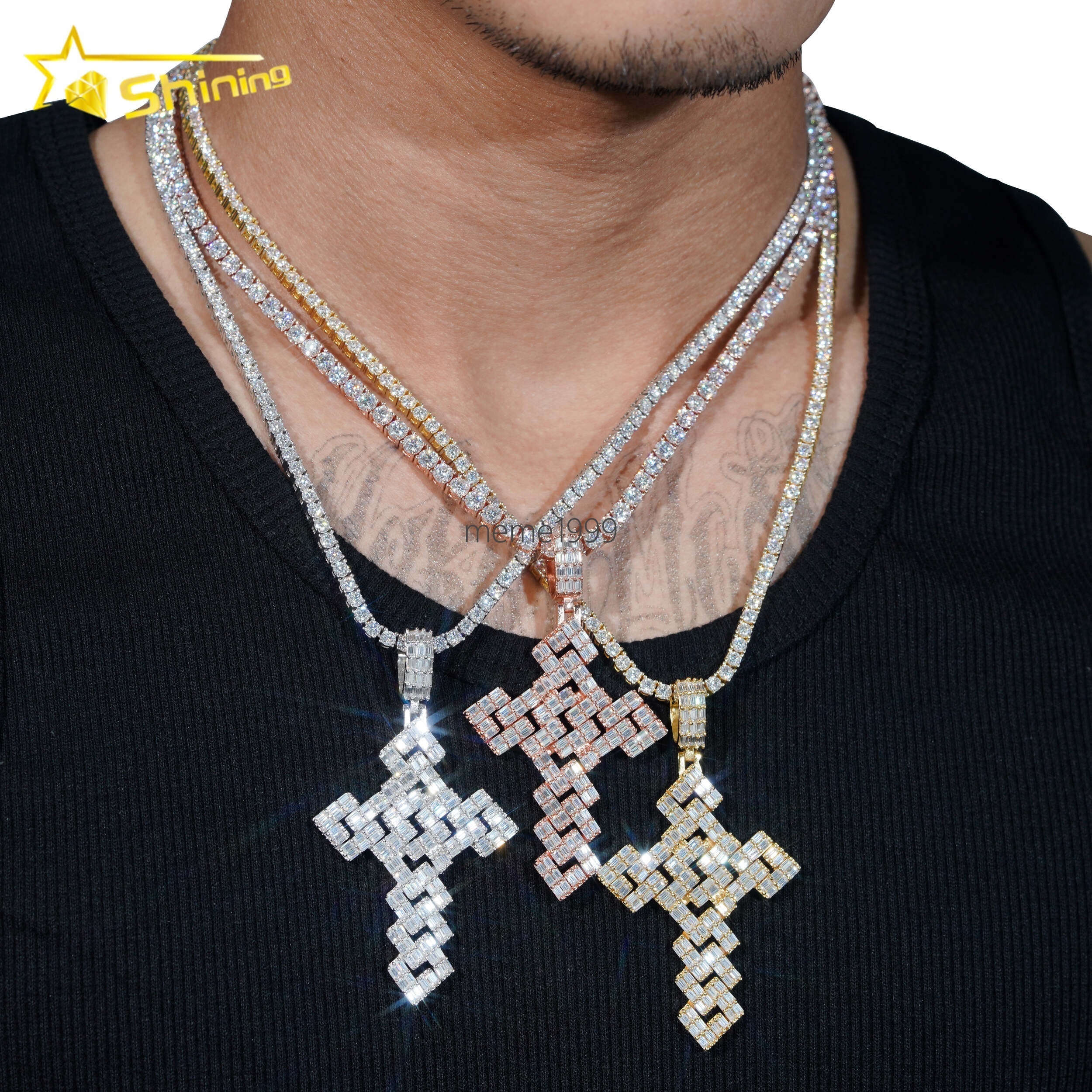 GRA Hip Hop Jewelry 925 Sterling Silver Gold Plated Iced Out VVS Baguette Custom Moissanite Pendant Cross