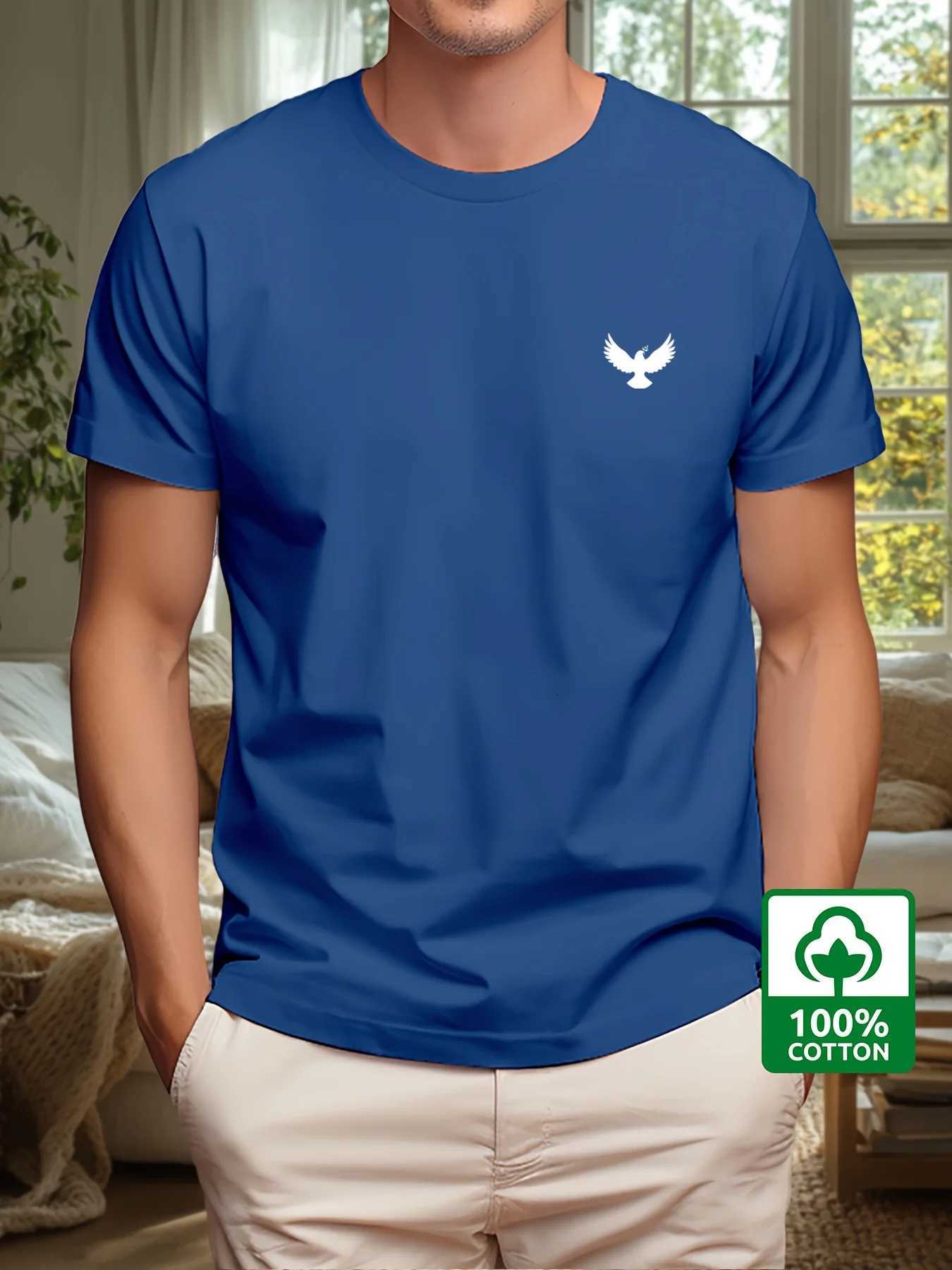 Mens Summer 100% Cotton Fashion Sports and Leisure Loose Dove and Peace Pattern Printed Round Neck Short Sleeve T-shirt Top Y250819