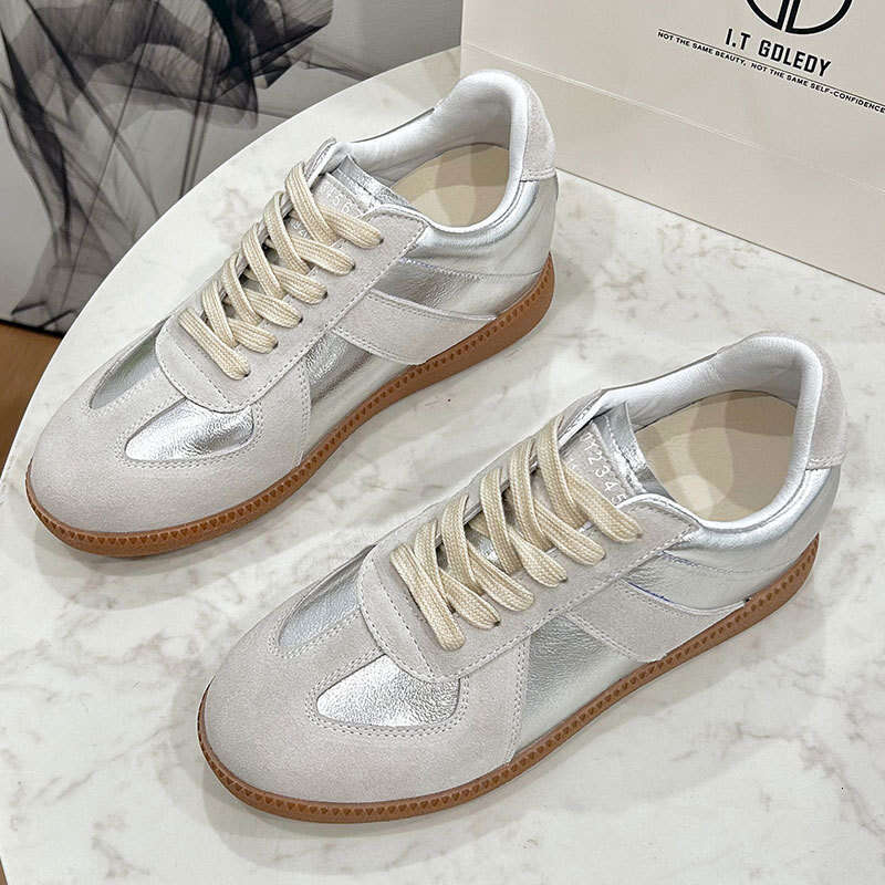 Genuine Leather Height Increase German Training for Women Silver White Shoes 2024 Summer New Style Inner Sheepskin Versatile Casual Sneakers