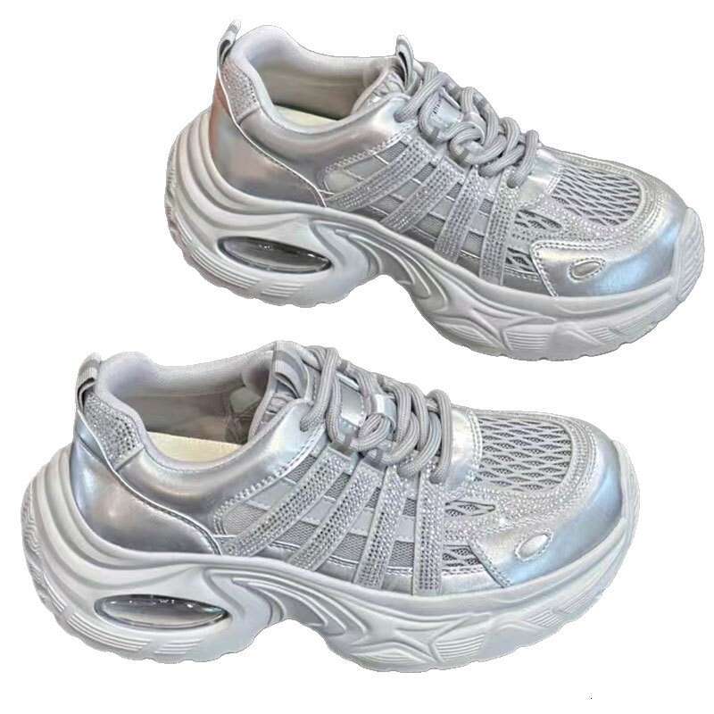 2025 Summer Sparkling Diamond Hollow Thick-Soled Dad Shoes for Women, Mesh Breathable Air Cushion Platform Casual Sports Sandals