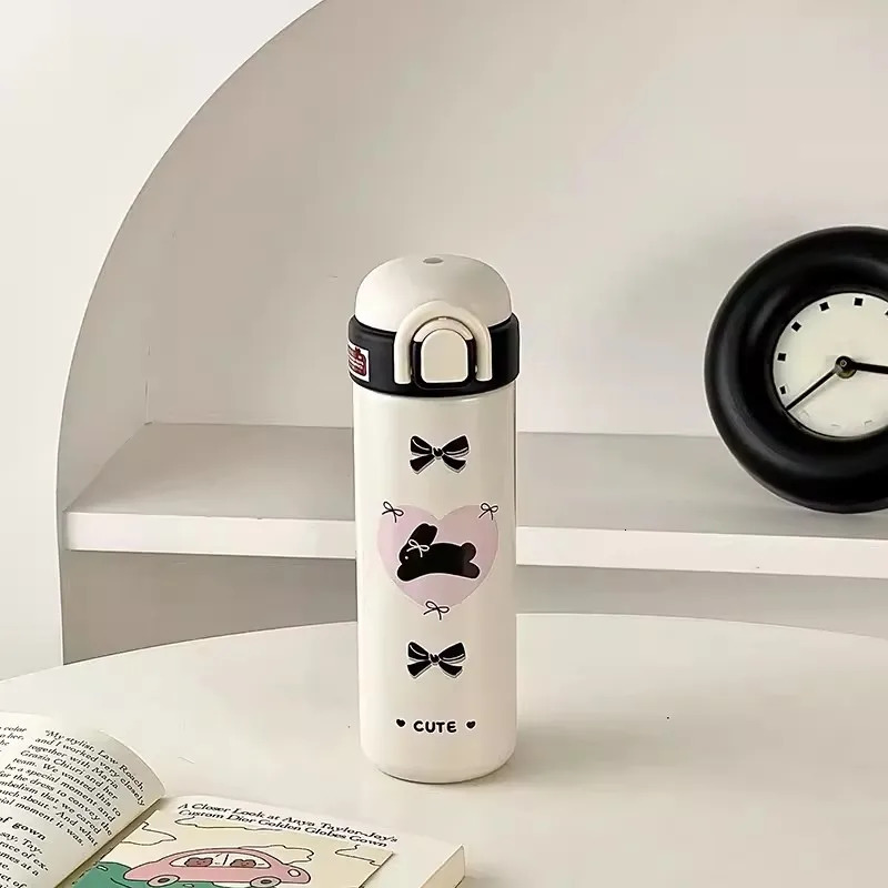 Cute Insulated Water Bottle Tumbler Kawaii Stainless Steel Thermos With Handle Straw For Coffee Tea Juice Portable Thermal Cups 250818 W260226