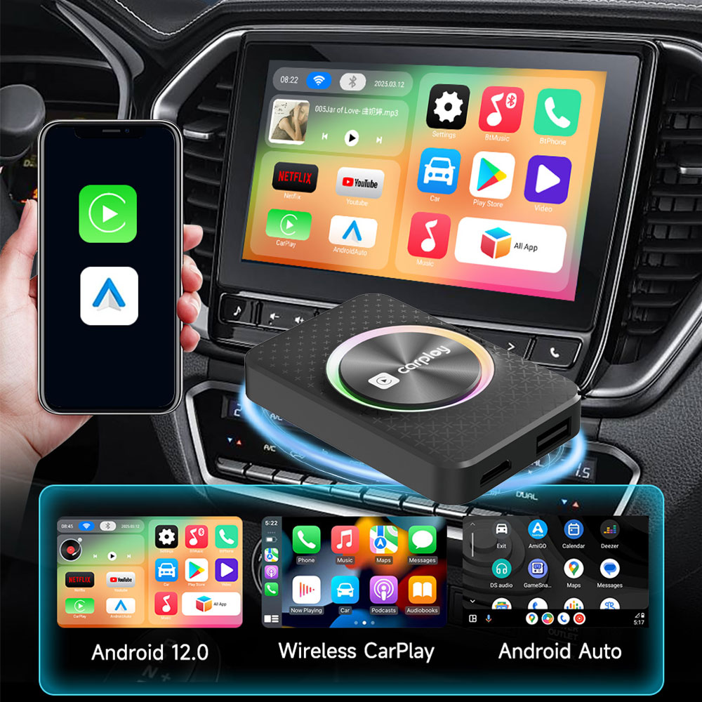 Kowankit Wireless Carplay Android Auto AI Box, Plug & Play Fits Cars,3in1 4+32GB Android 12 Car Play Adapter, RK3528 Chip,USB-Powered, No Delay, Suppo